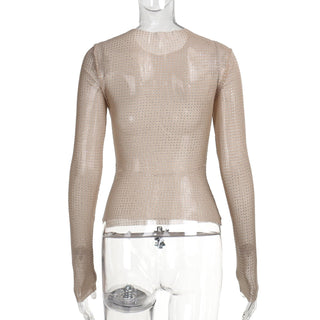Long sleeve sheer mesh beaded crewneck top