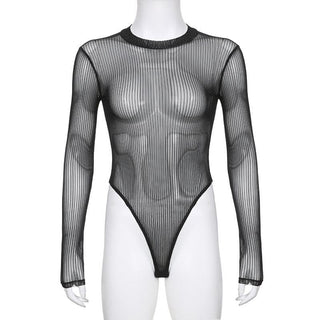 Long sleeve sheer mesh striped bodysuit