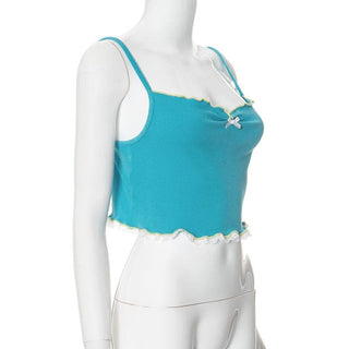 Lace hem ruffle bowknot ribbed cami crop top