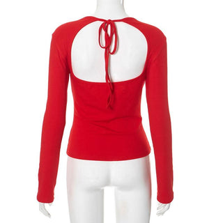 Bowknot long sleeve crewneck hollow out self tie cut out top