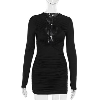 Long sleeve ruched buckle hollow out cut out mini dress