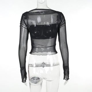 Long sleeve ruffle ruched mesh patchwork solid 2-way top