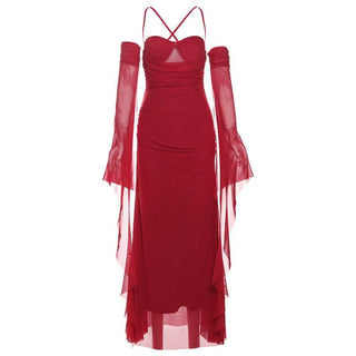 Cross back ruched gloves mesh cami maxi dress