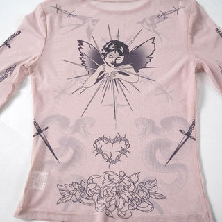 Long sleeve angel print sheer mesh crewneck top