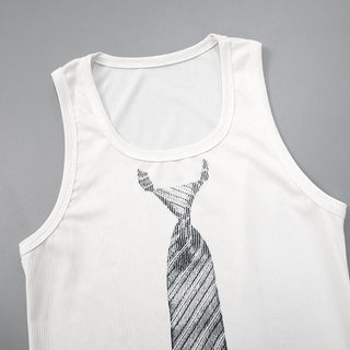 U neck necktie print ribbed contrast sleeveless top