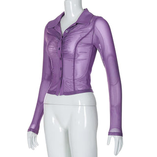 Turnover collar long sleeve ruched button mesh top