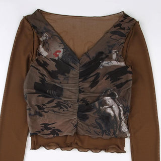 Long sleeve v neck ruched ruffle print sheer mesh stitch top