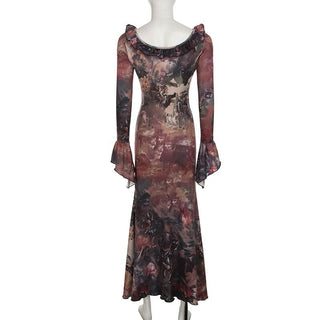 Long flared sleeve abstract print ruffle maxi dress