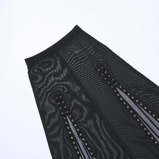 Sheer mesh see through lace up slit solid maxi skirt