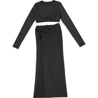 Long sleeve crewneck o ring slit solid maxi skirt set