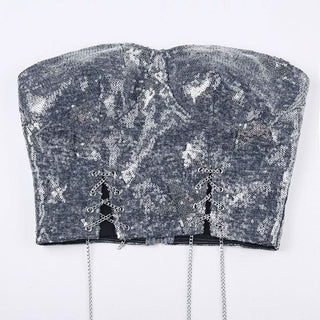 Glitter denim star pattern metal chain tube top