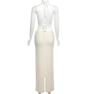 Halter self tie flower applique slit backless mini skirt set