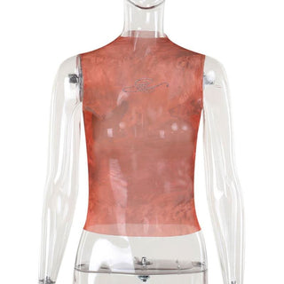 Sheer mesh beaded print crewneck sleeveless top