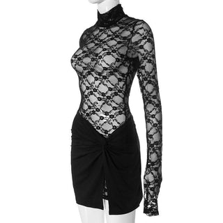 High neck long sleeve lace mini skirt set