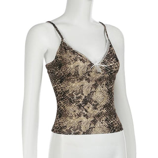 Snakeskin print bowknot cami top