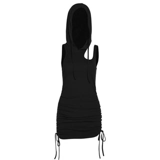 Hoodie ruched drawstring hollow out cut out mini dress
