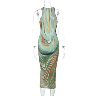Sleeveless crewneck contrast print midi dress
