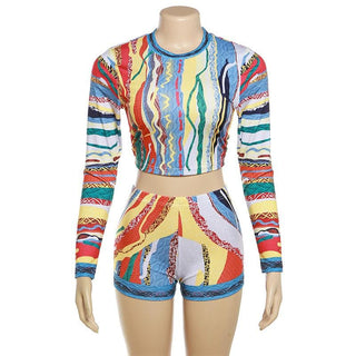 Contrast print crewneck long sleeve pant set