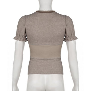 Short puff sleeve button stitch ruffle ribbed top
