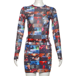 Crewneck long sleeve print stitch mini skirt set