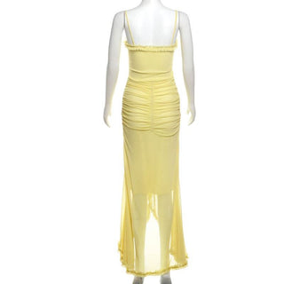 Mesh ruffle solid backless cami maxi dress