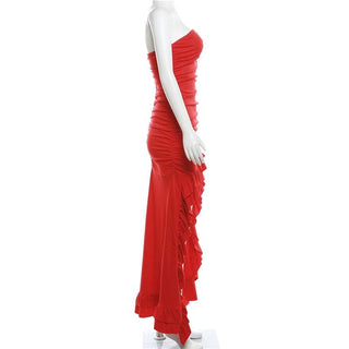 Ruched ruffle solid backless tube maxi dress