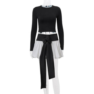 Long sleeve crewneck bowknot lace up ribbon ruched mini skirt set