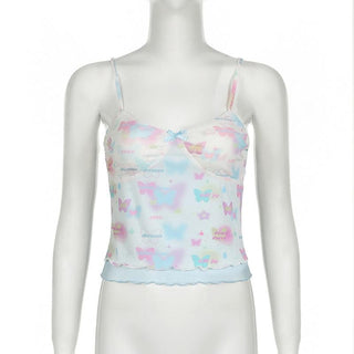 Bowknot butterfly print mesh ruffle cami top