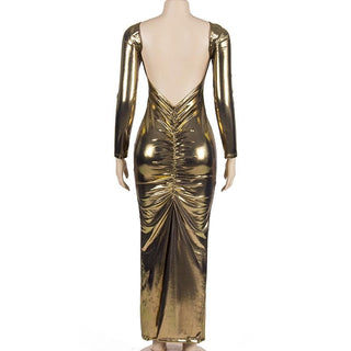 Metallic long sleeve backless round neck ruched maxi dress