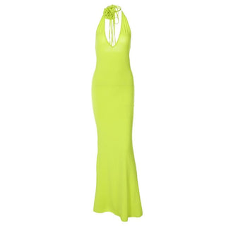 Solid v neck halter backless flower applique self tie maxi dress