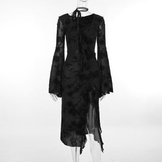 Long flared sleeve v neck slit ruffle midi dress