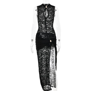 Lace ruched see through hollow out high slit cut out maxi dress