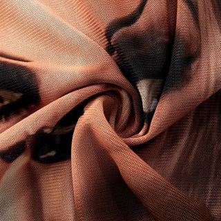 Long sleeve crewneck figure print sheer mesh top