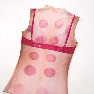 Crewneck sheer mesh print sleeveless contrast top