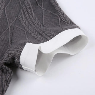 Textured short sleeve patchwork necktie turnover collar crop top