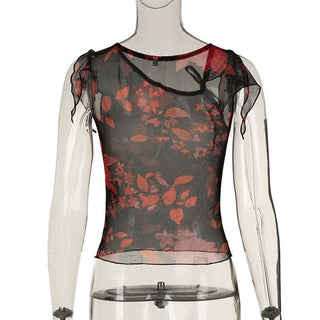 Irregular sheer mesh print ruffle top