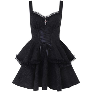 Backless lace up zip-up textured solid lace hem mini dress | victorian gothic dresses-final-sale