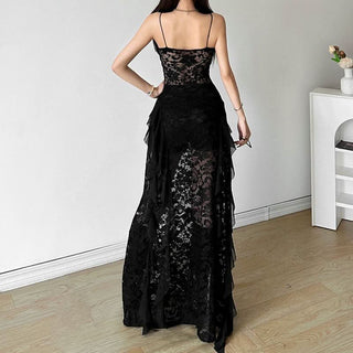Hollow out v neck lace slit spaghetti strap cut out maxi dress