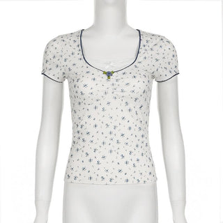 Short sleeve patchwork flower applique print top