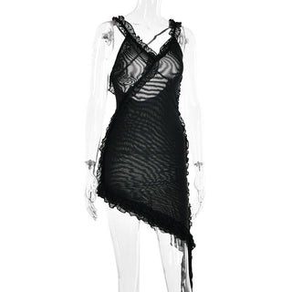 Sheer mesh see through ruffle solid cross back irregular mini dress