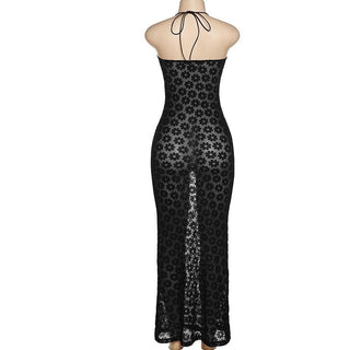 Mesh see through floral embroidery O ring hollow out halter cut out maxi dress