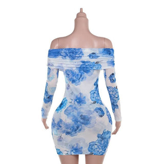 Off shoulder long sleeve flower print mesh mini dress