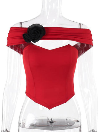 Off shoulder flower applique bustier top
