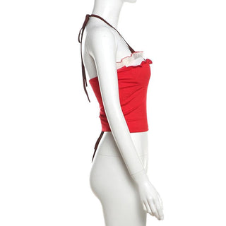 Halter ruffle bowknot ruched knotted 2 piece top