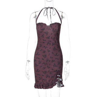 Halter print ruffle knotted backless mini dress