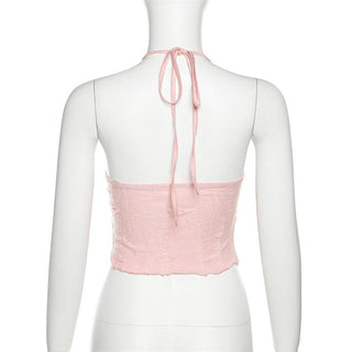 Halter self tie v neck textured knotted slit crop top