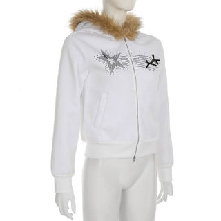 Zip-up beaded fluffy hoodie bowknot long sleeve top