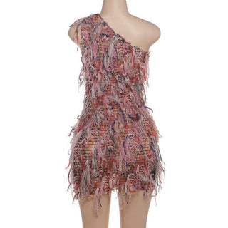 One shoulder irregular tassels contrast mini dress