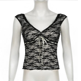 Cap sleeve v neck lace knotted backless top