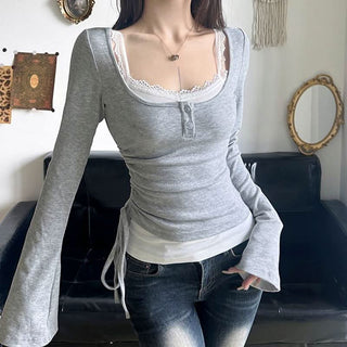 U neck long sleeve lace hem drawstring 2 piece top